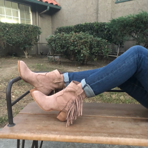 TAUPE FAUX SUEDE FRINGE BOOTS - Picture 2 of 6